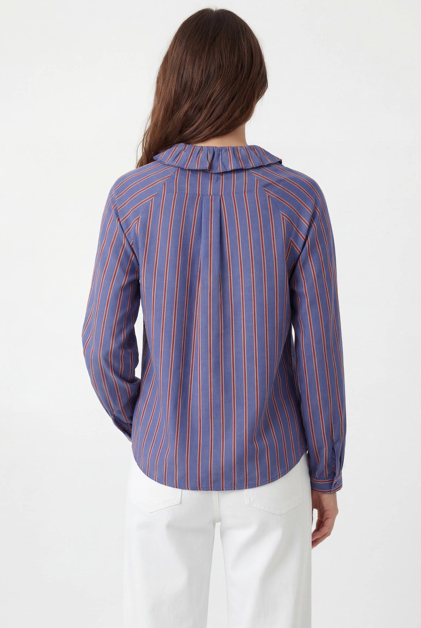 DAREN - Blue & Chocolate Striped Ruffle Shirt