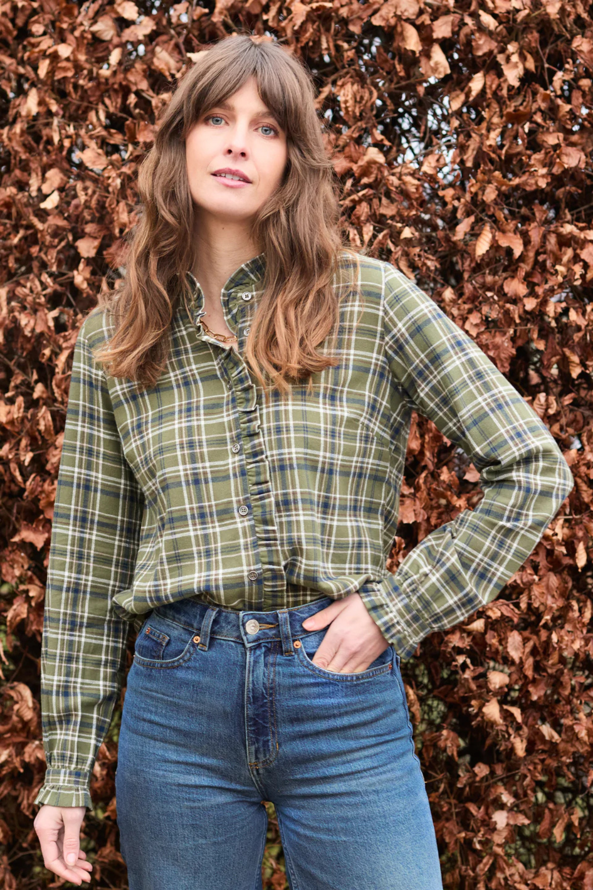 Sage Frill Organic Brushed Cotton Checked Blouse Multi