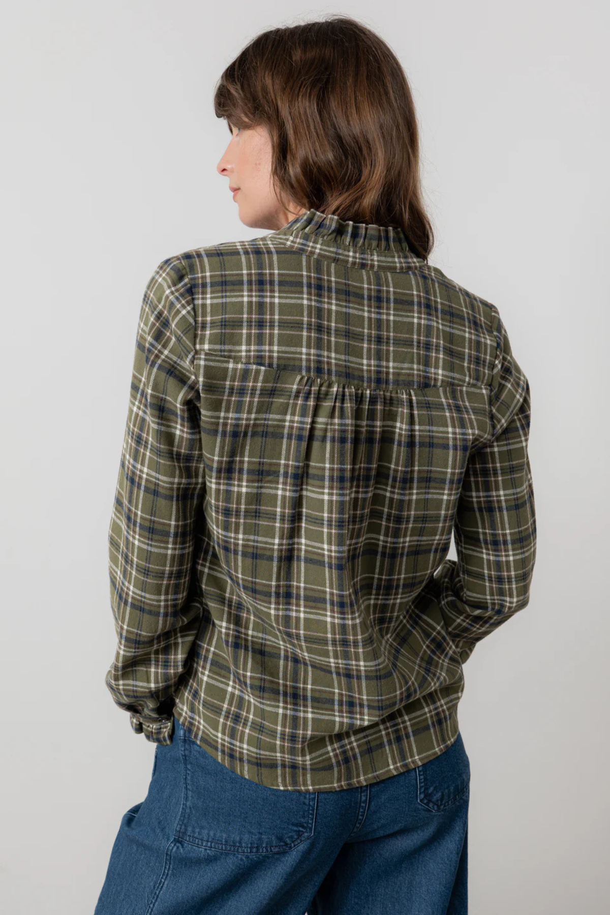 Sage Frill Organic Brushed Cotton Checked Blouse Multi