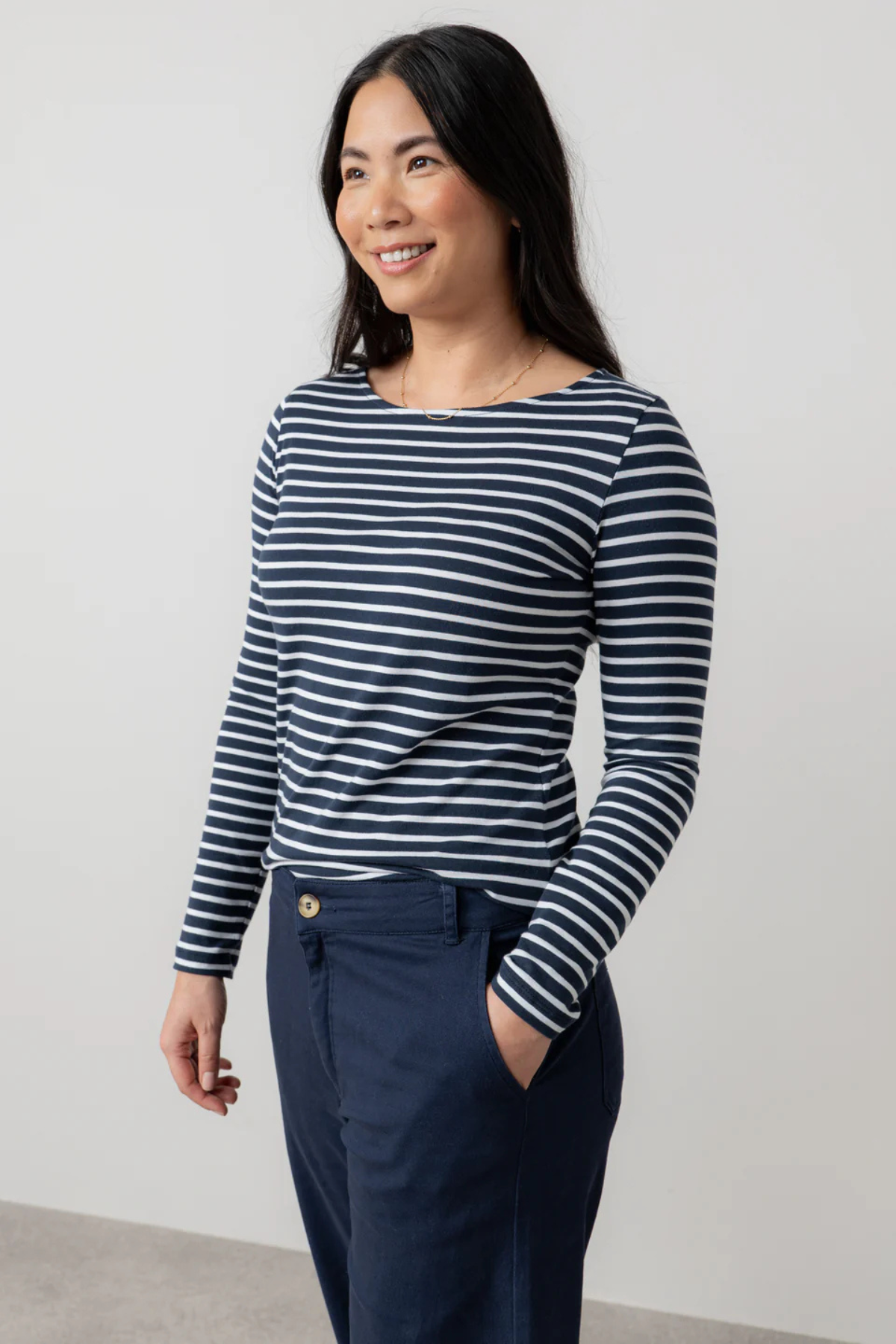 Monica Jersey Striped Long Sleeve Top Navy
