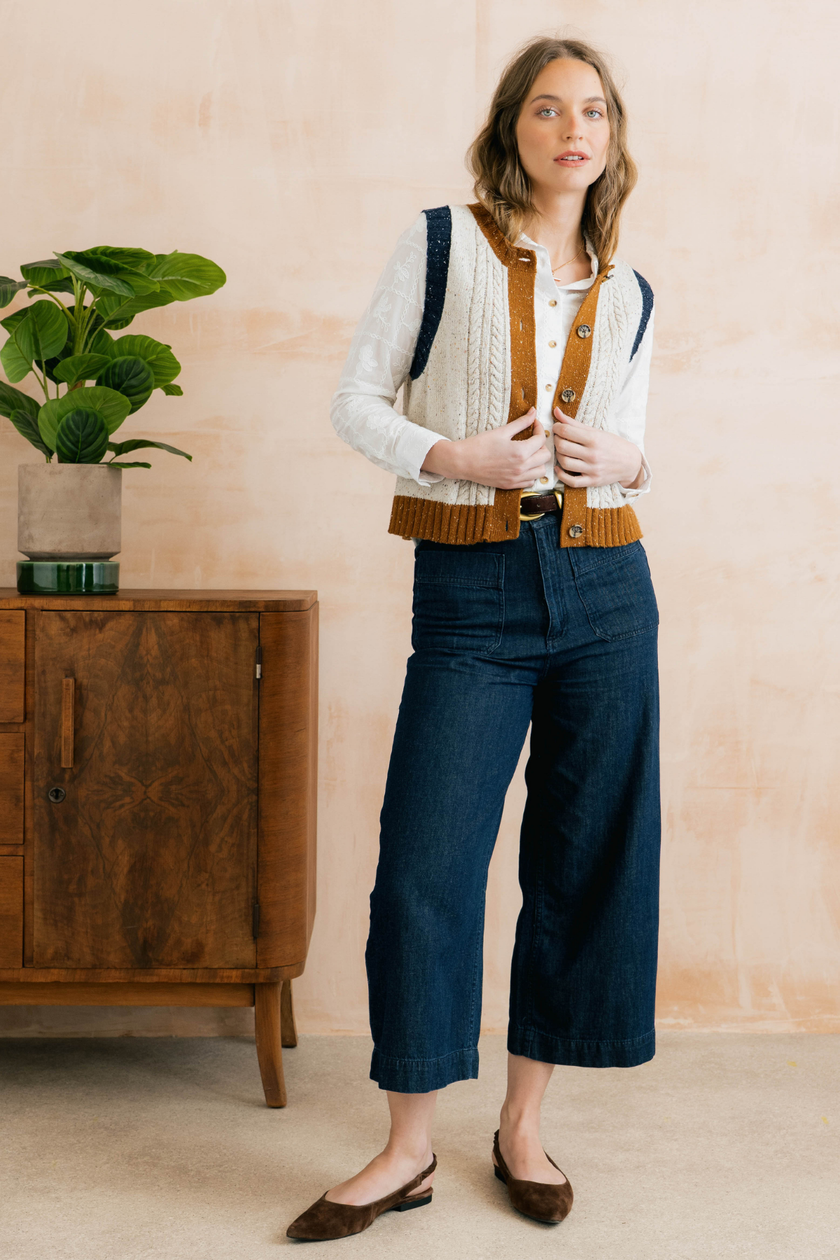 Grove Colour Block Vest Fleck Cable Knit