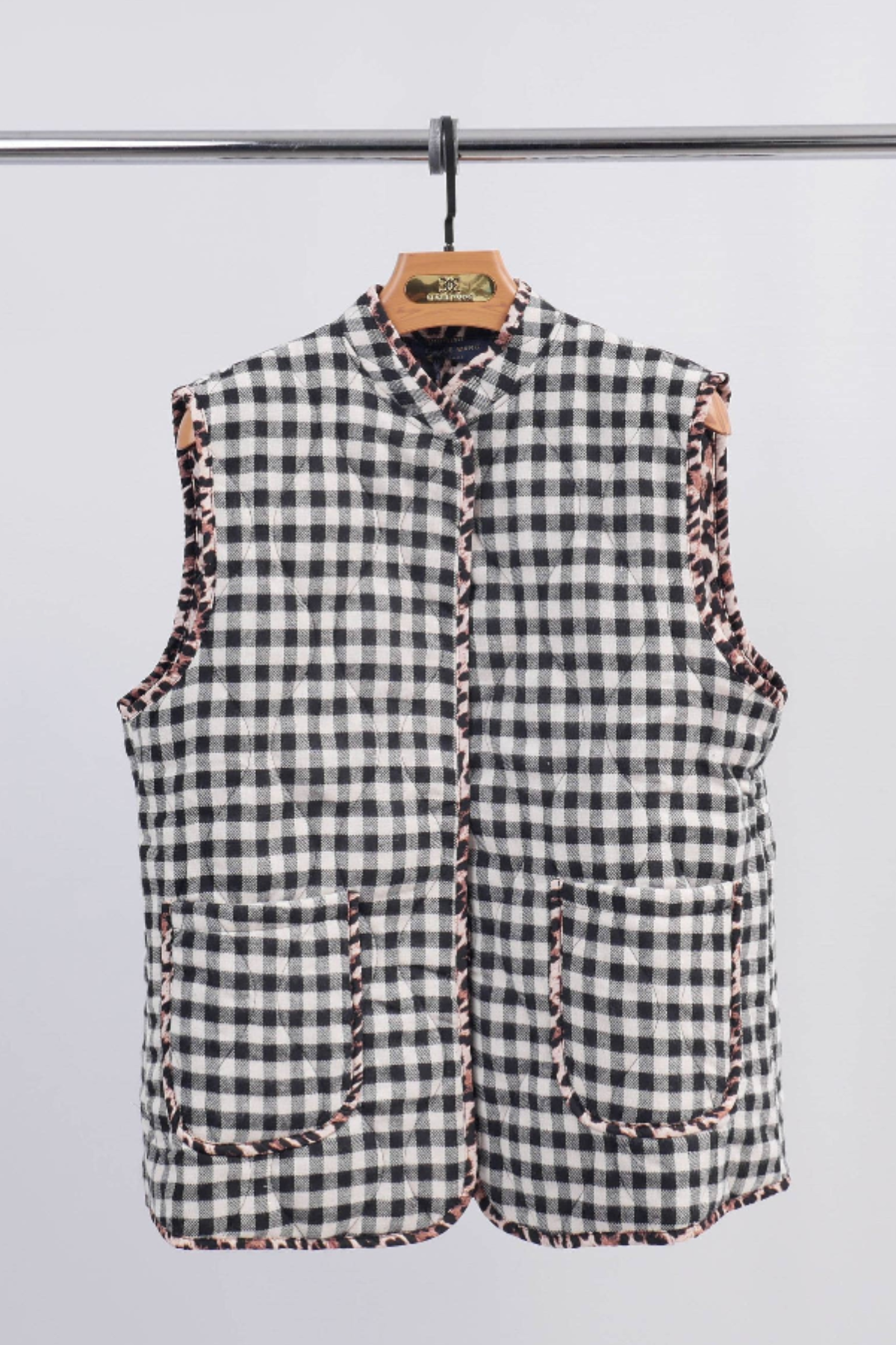 Gingham Quilted Gilet with Leopard Edge