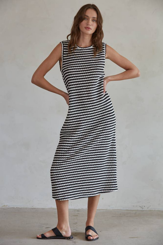 Striped Round Neck Sleeveless Midi Dress