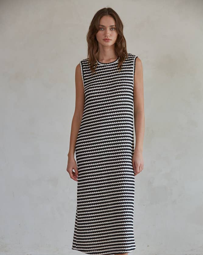 Striped Round Neck Sleeveless Midi Dress