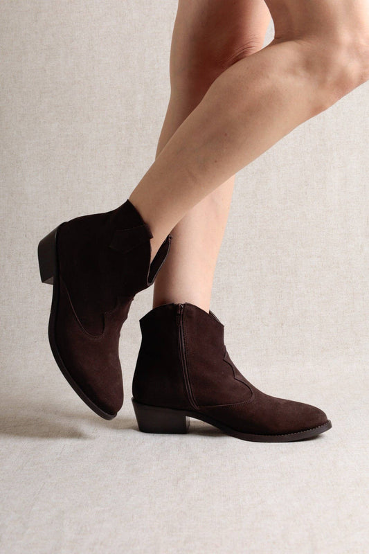 AVA CHOCOLATE – Suede Western Ankle Boots
