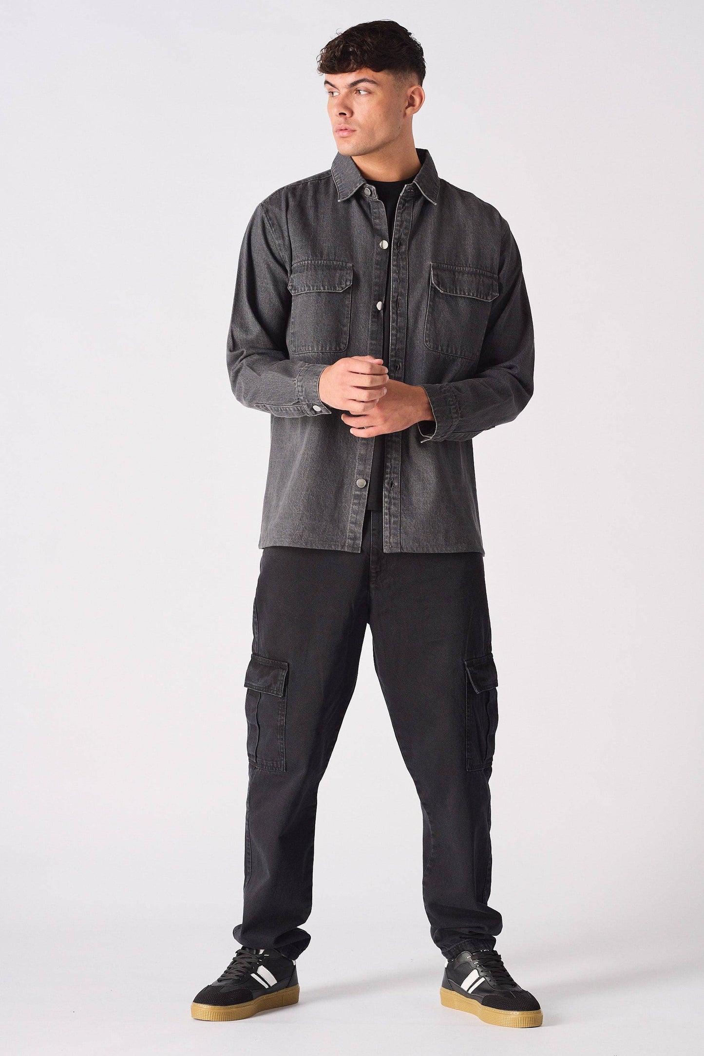 Cargo Denim Shirt - Grey Acid Wash