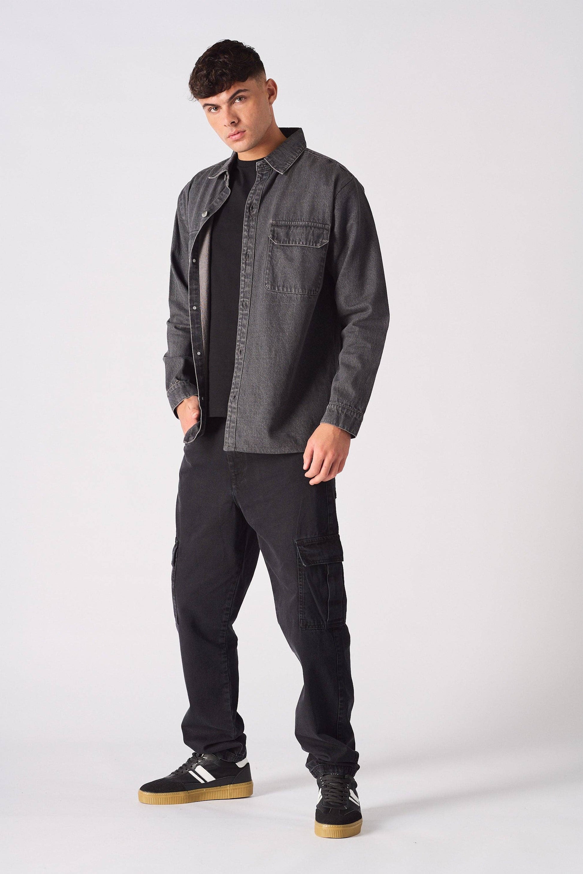 Cargo Denim Shirt - Grey Acid Wash