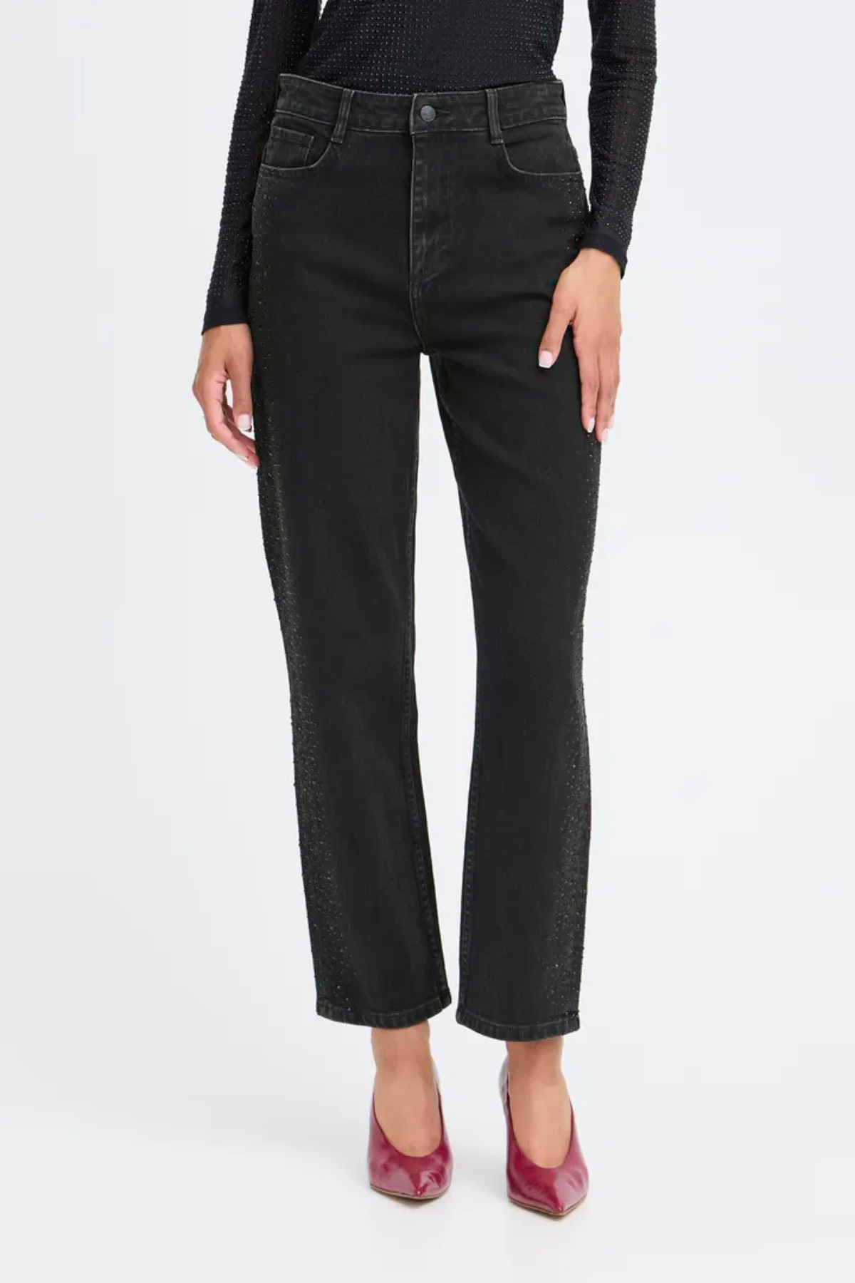 BYLARA Straight Black Denim Rhinestone Jeans