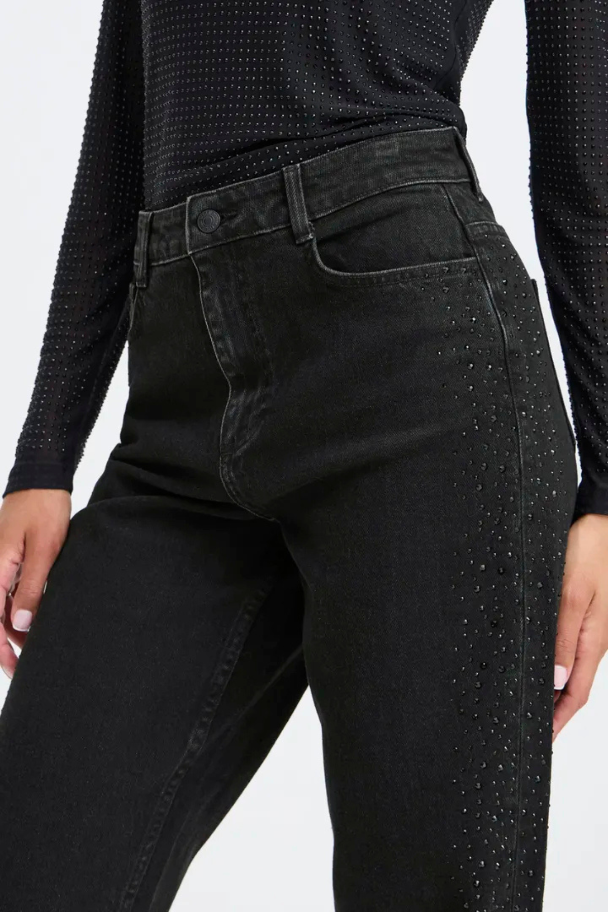 BYLARA Straight Black Denim Rhinestone Jeans