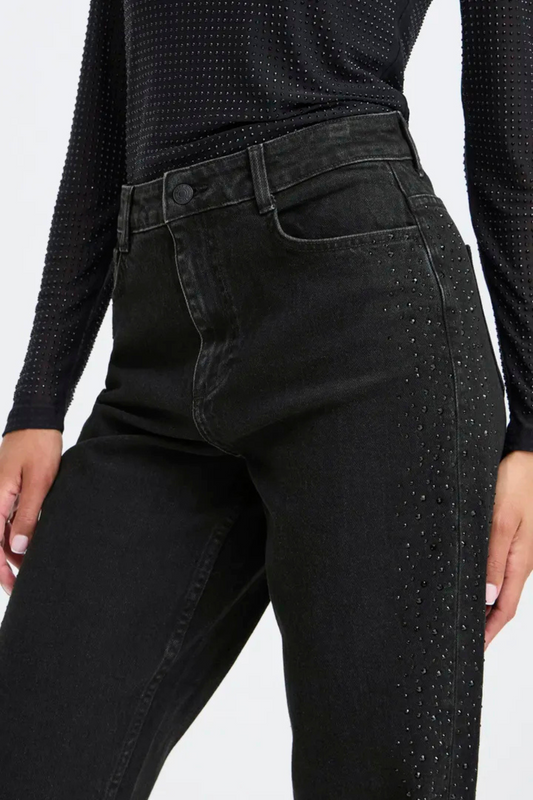 BYLARA Straight Black Denim Rhinestone Jeans