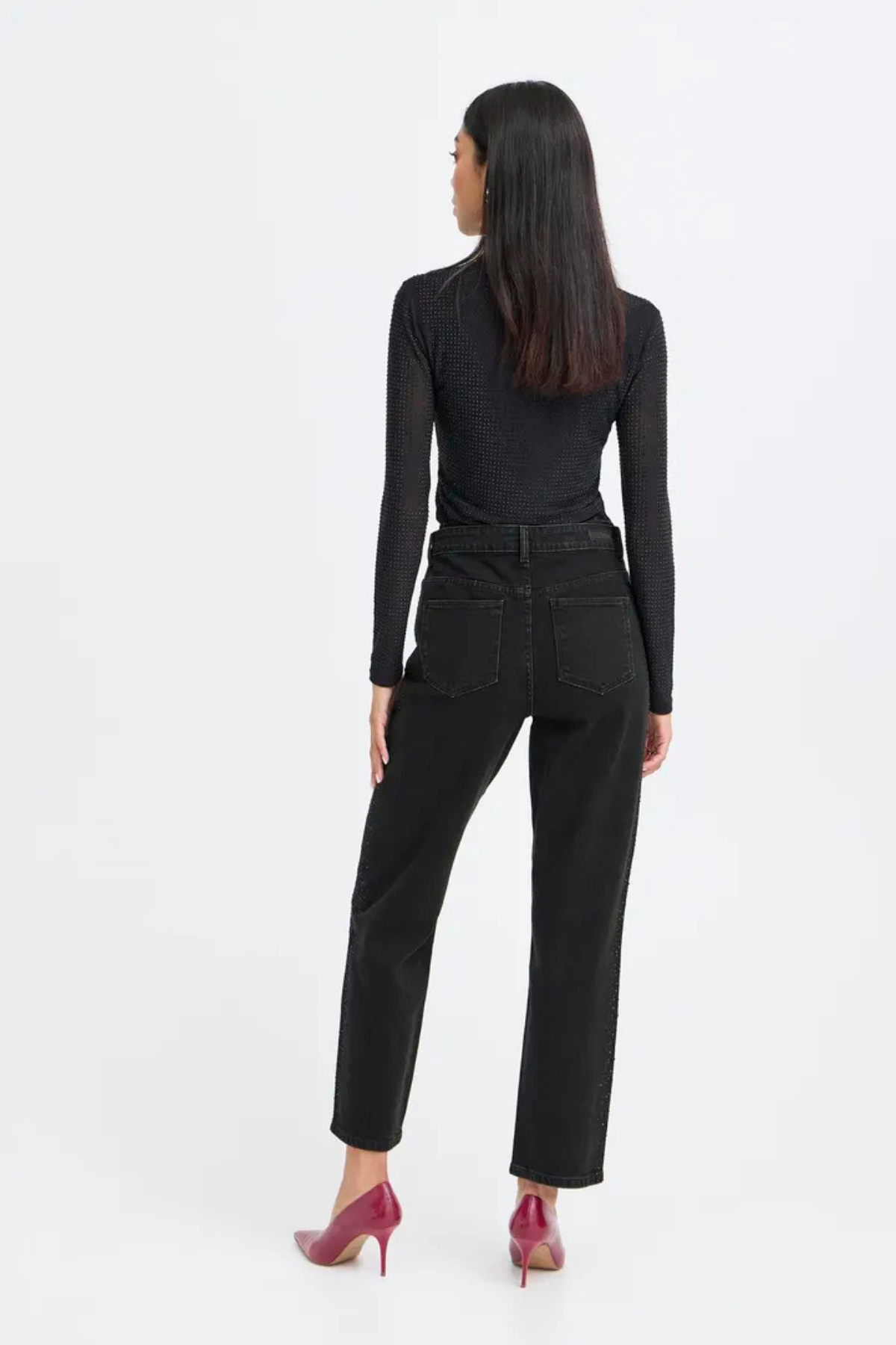 BYLARA Straight Black Denim Rhinestone Jeans