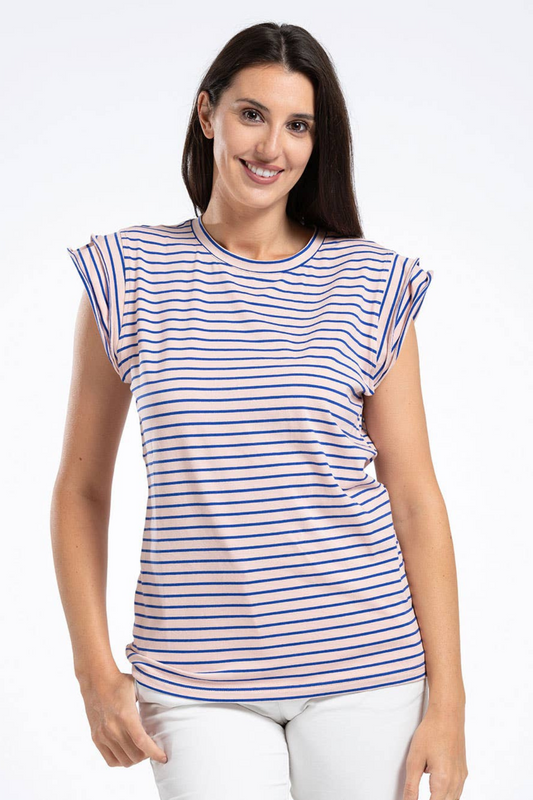 Pentlebay Clothing - Ruffle Sleeve Tee in Pink Navy Stripe