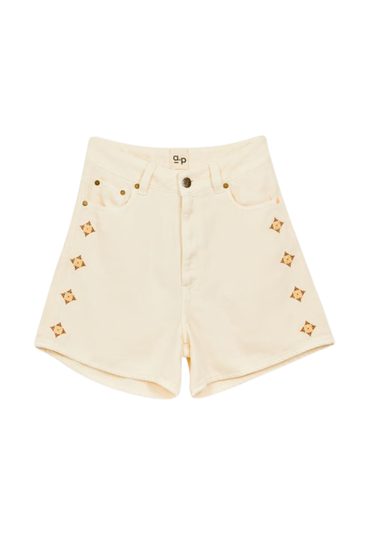 high-waisted ecru cotton denim shorts with embroidered detail down the outer leg