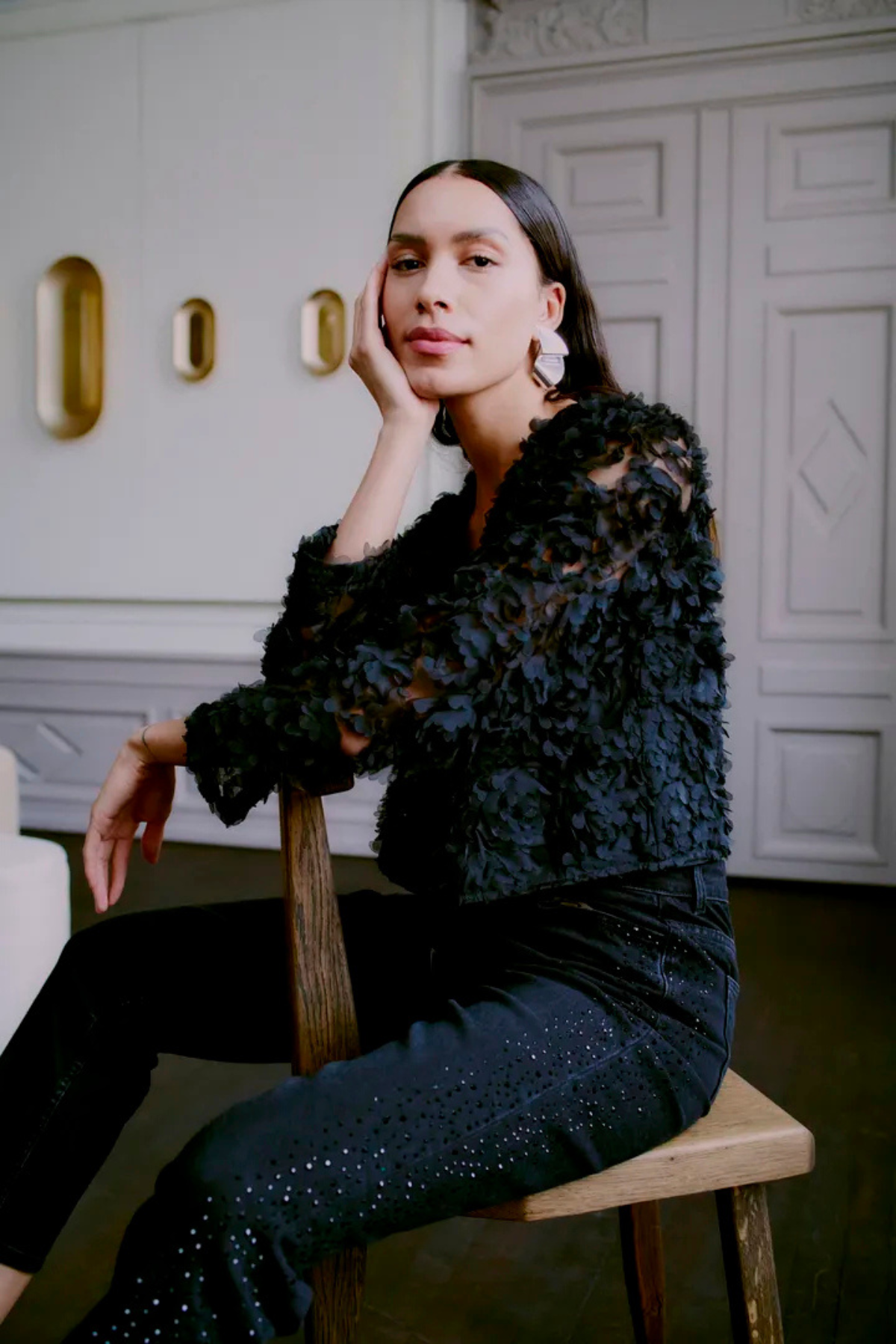 BYLARA Straight Black Denim Rhinestone Jeans