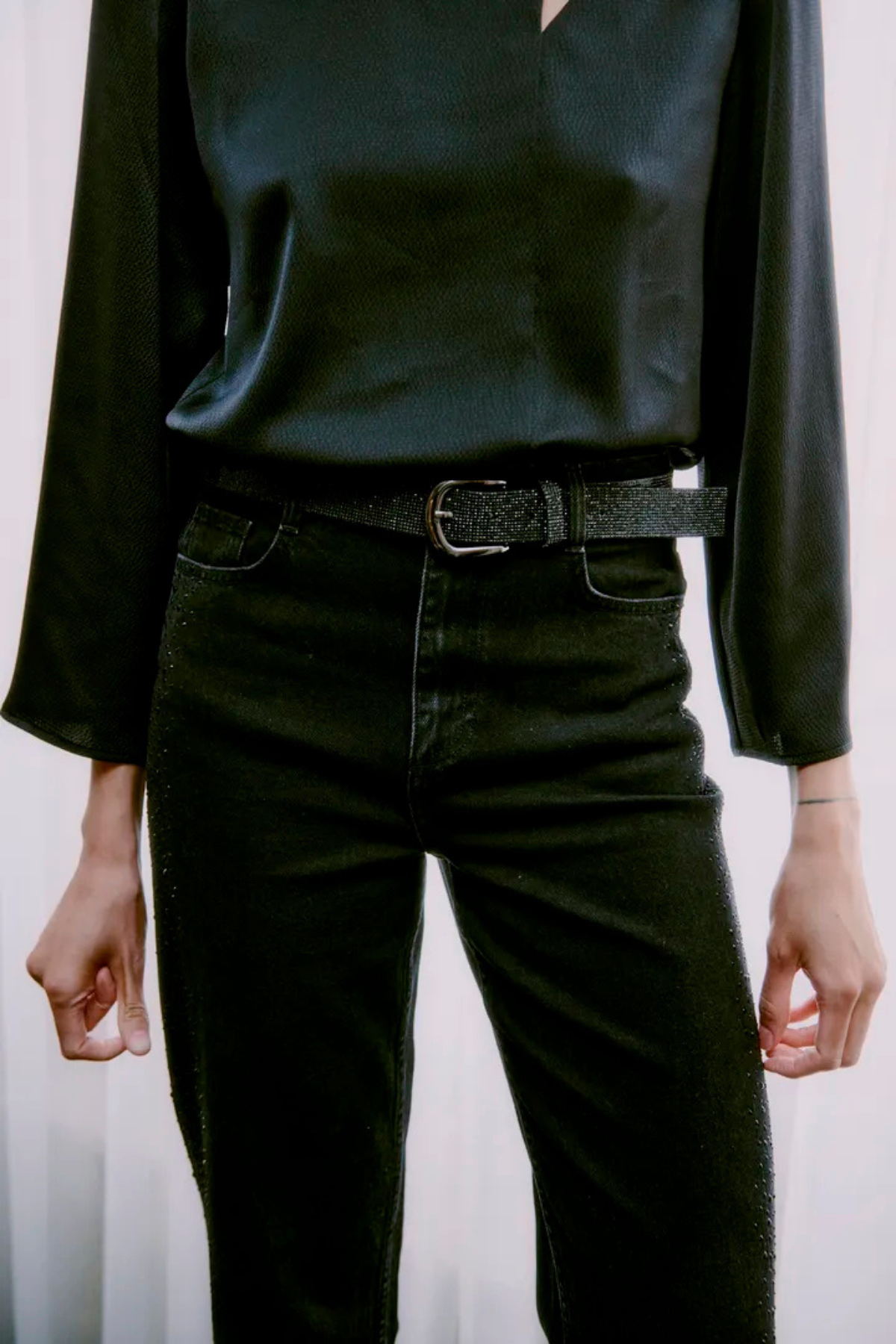 BYLARA Straight Black Denim Rhinestone Jeans