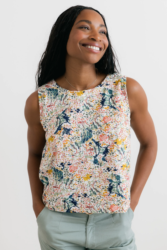 women's multicolour shell top with button down back-placket 