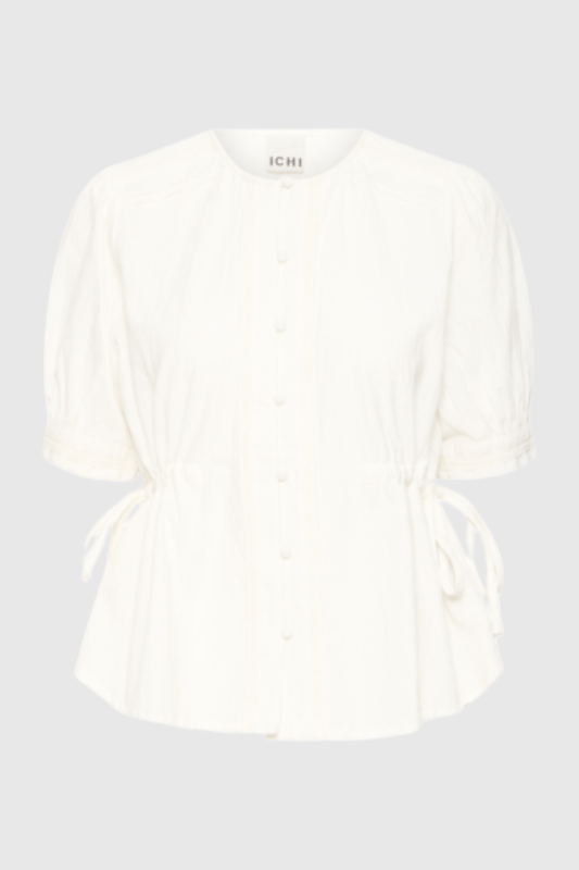 Short sleeve, tunic-style white cotton blouse with button and waist-tie detail. 