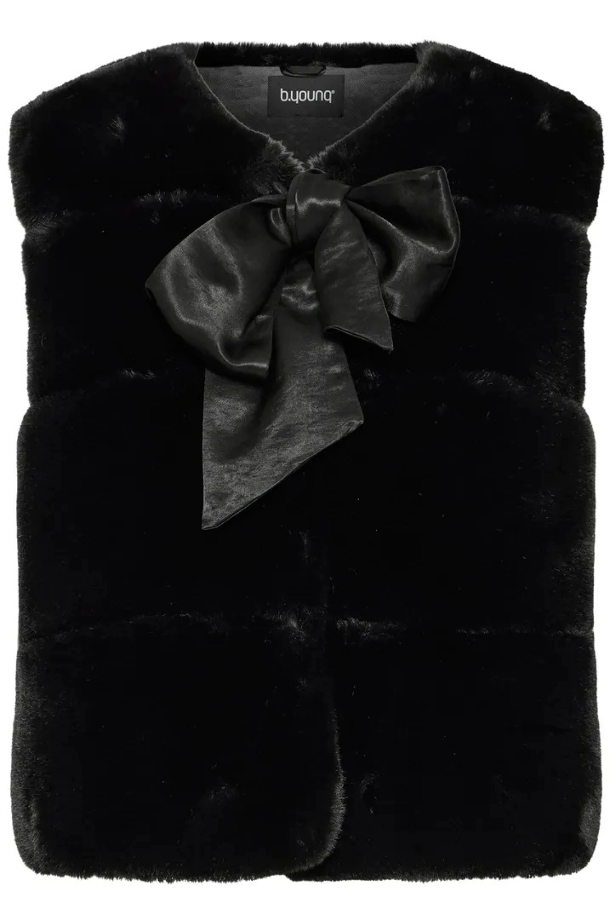 BYASKANA Faux Fur Ribbon Tie Black Vest