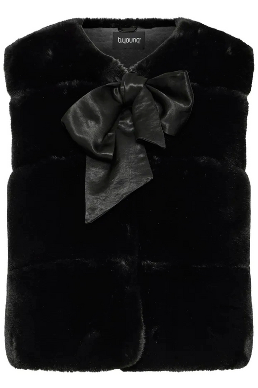 BYASKANA Faux Fur Ribbon Tie Black Vest