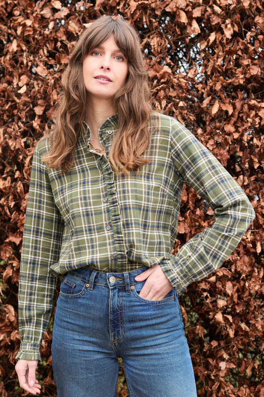 Sage Frill Organic Brushed Cotton Checked Blouse Multi
