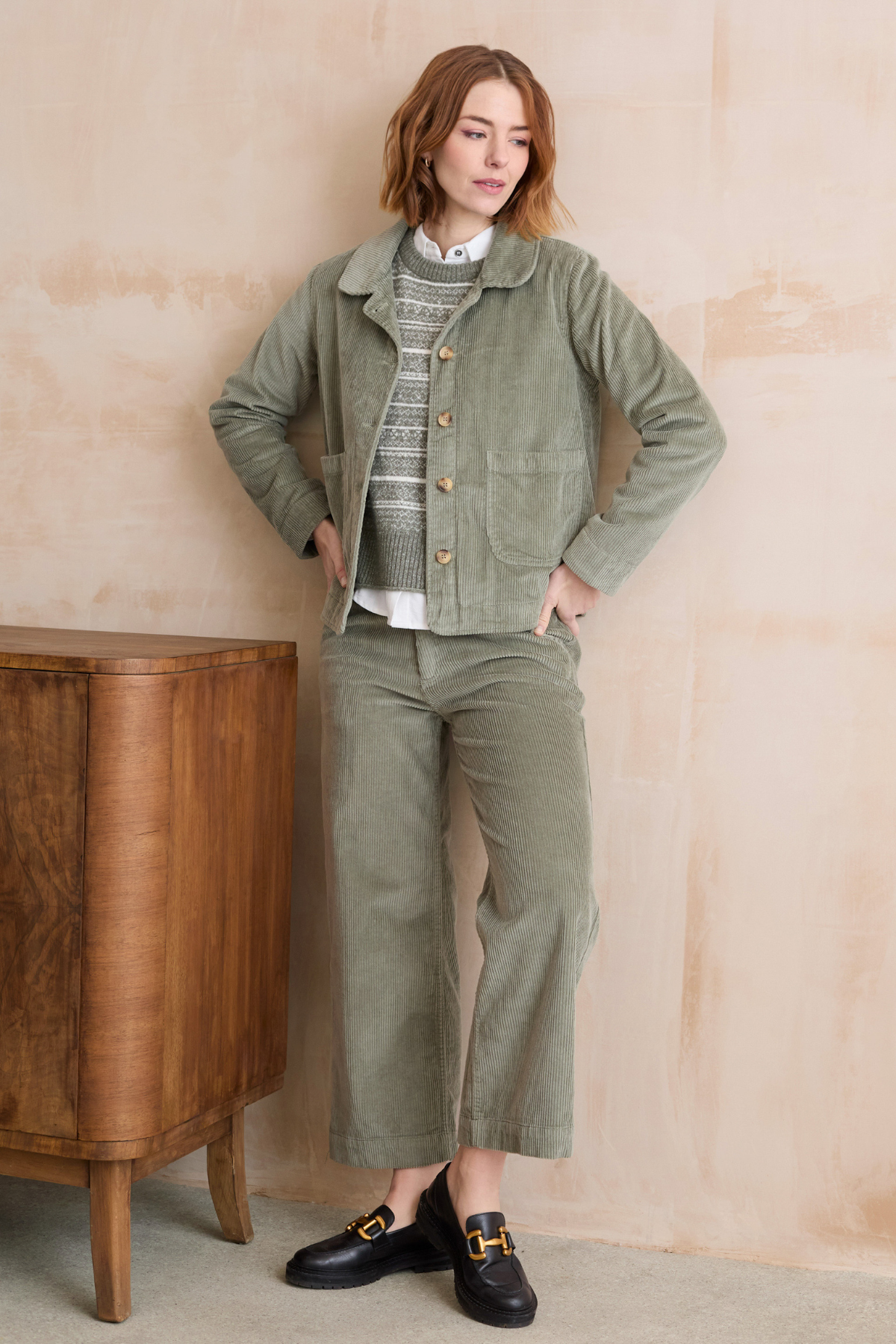 Isla Crop Trouser Plain Jumbo Cord - Sage