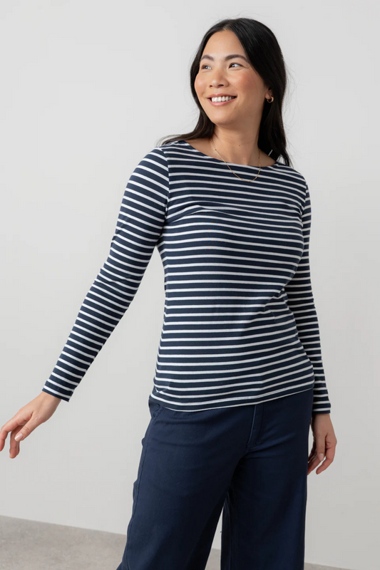 Monica Jersey Striped Long Sleeve Top Navy