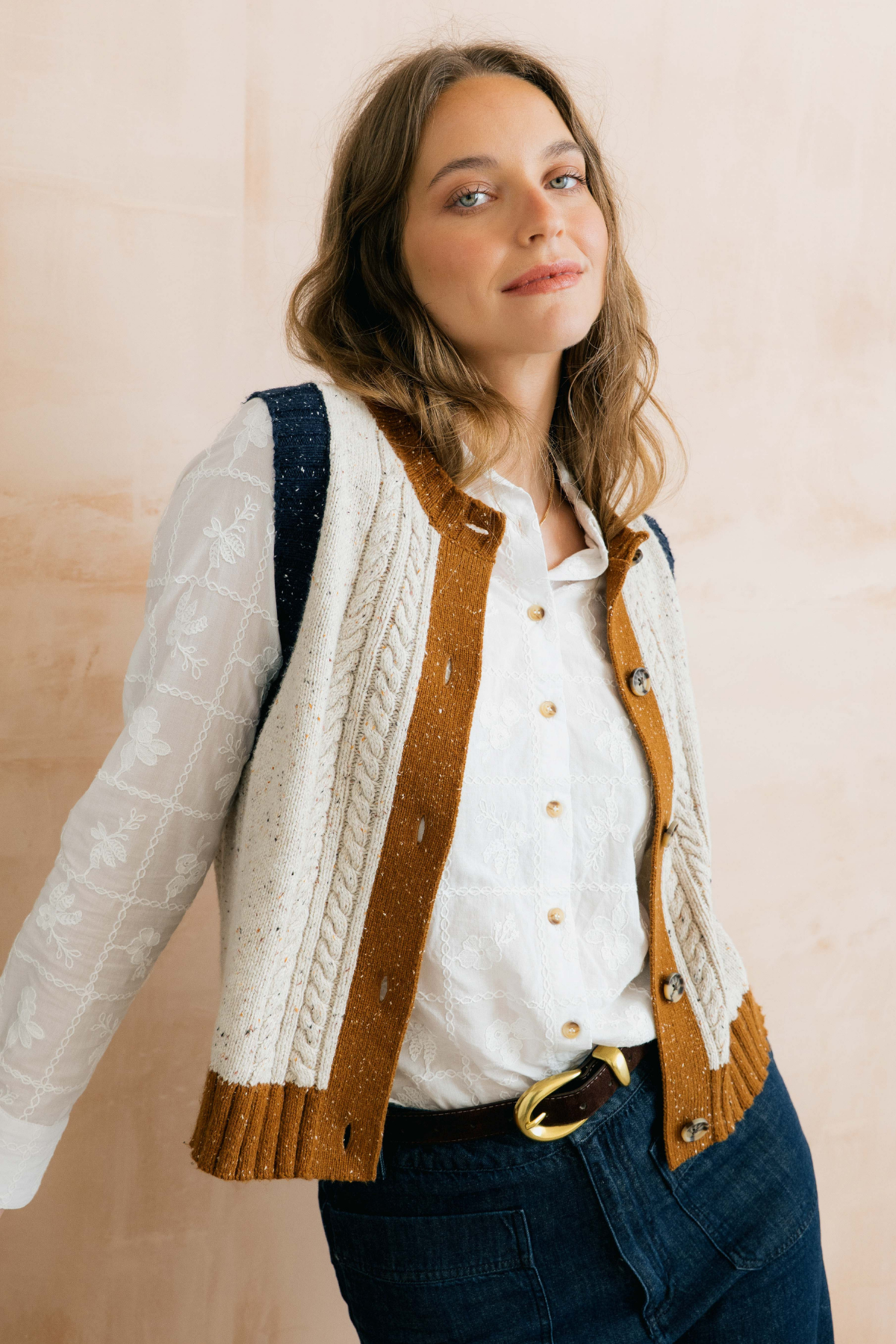 Grove Colour Block Vest Fleck Cable Knit