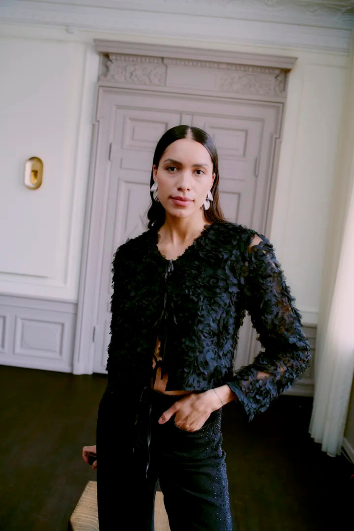 BYLARA Straight Black Denim Rhinestone Jeans