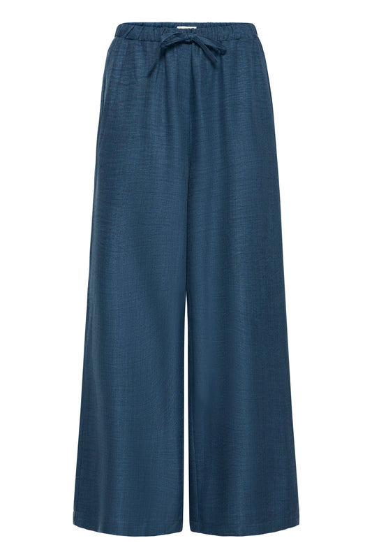 Navy full-length navy women's trousers with elasticated waistband and drawstring tie fasten