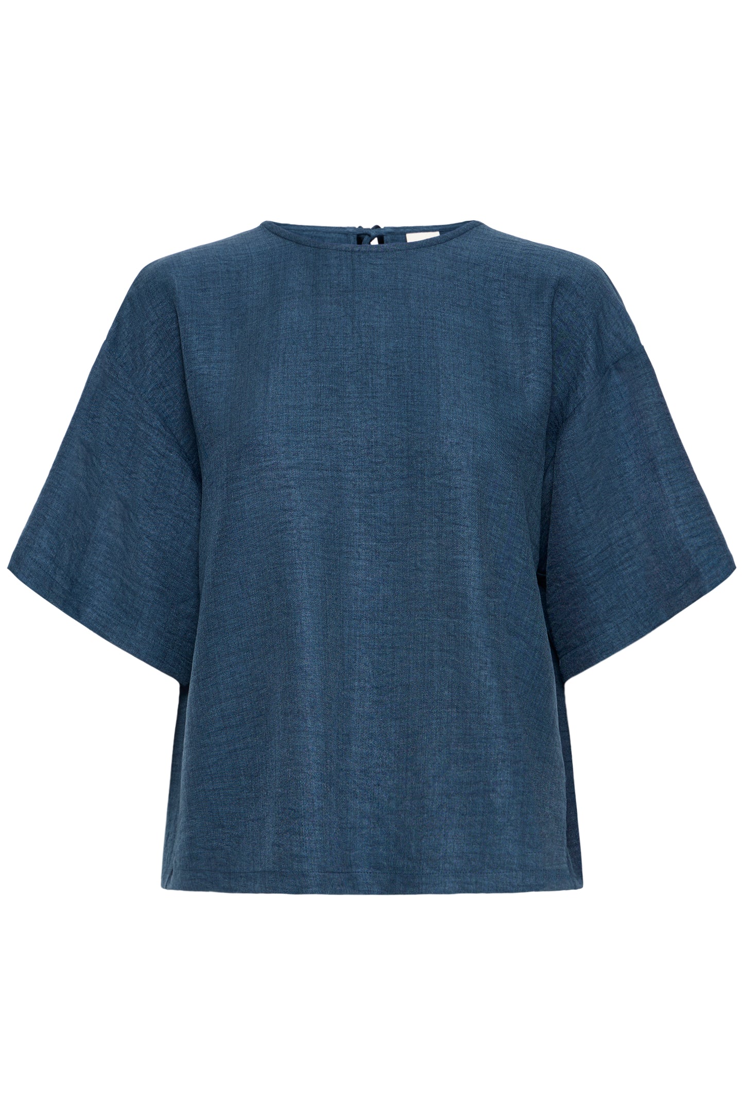 Lightweight women's navy blouse with short sleeve and three tie fastining on the back