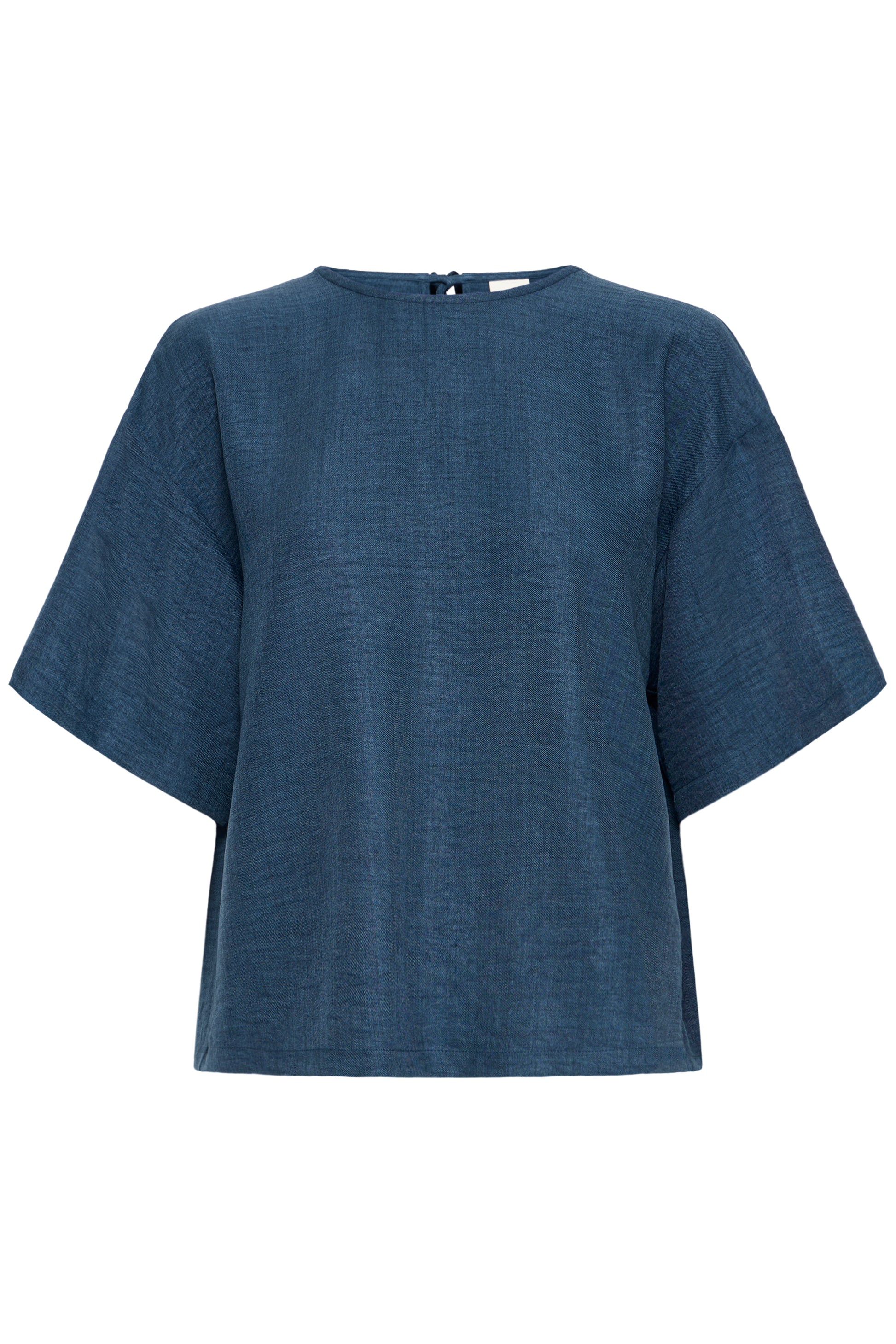 Lightweight women's navy blouse with short sleeve and three tie fastining on the back