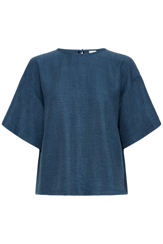 Lightweight women's navy blouse with short sleeve and three tie fastining on the back