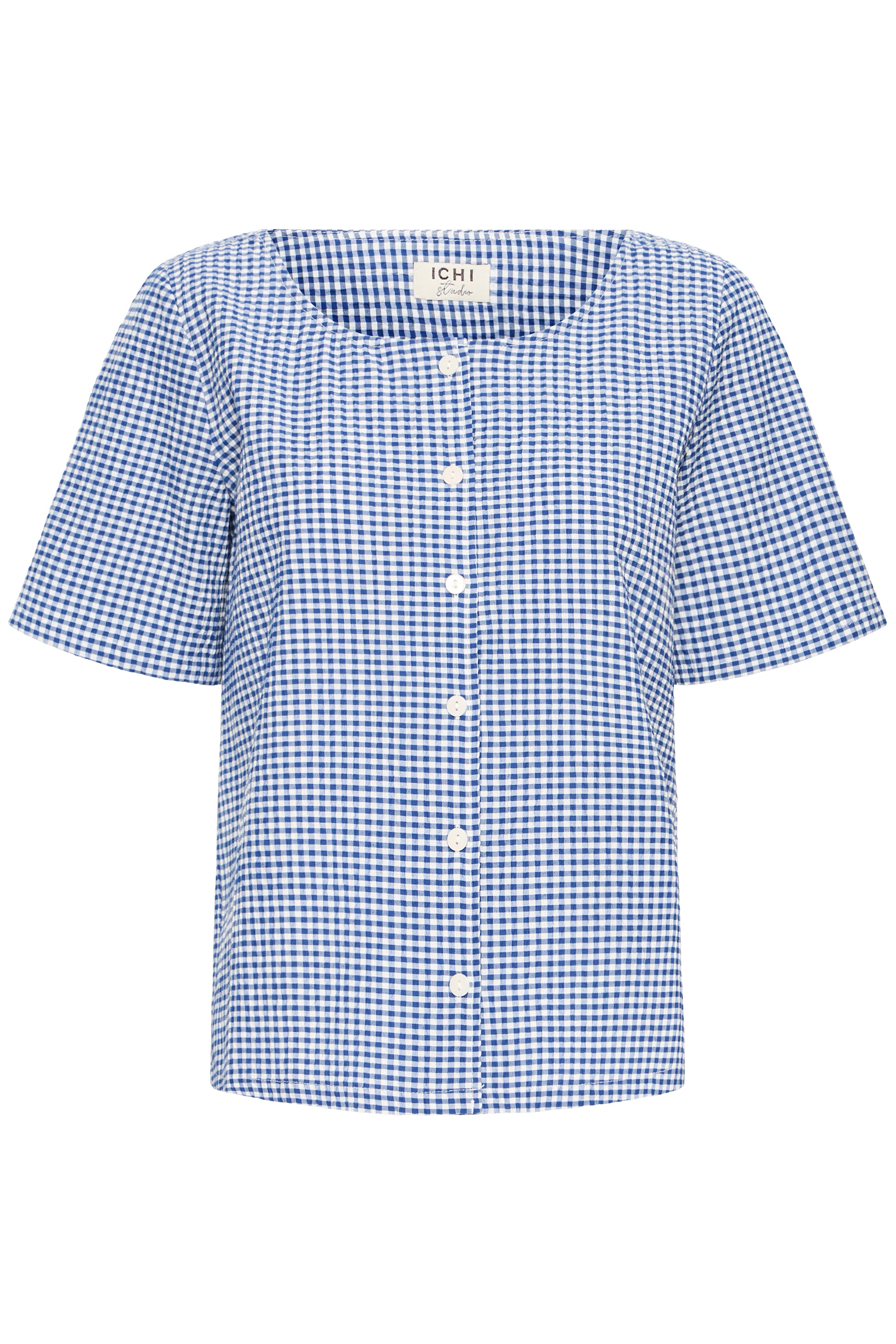 Cotton-mix blue and white check short sleeve blouse with button-down front