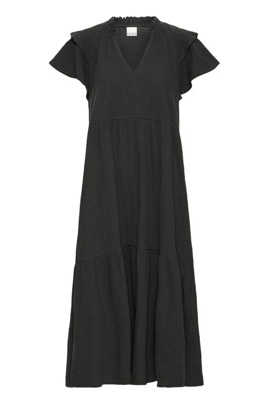 Black v-neck midi dress with ruffle cap sleeves and tiered skirt