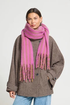 IAfridal Brushed Stripe Scarf in bright pink and brown