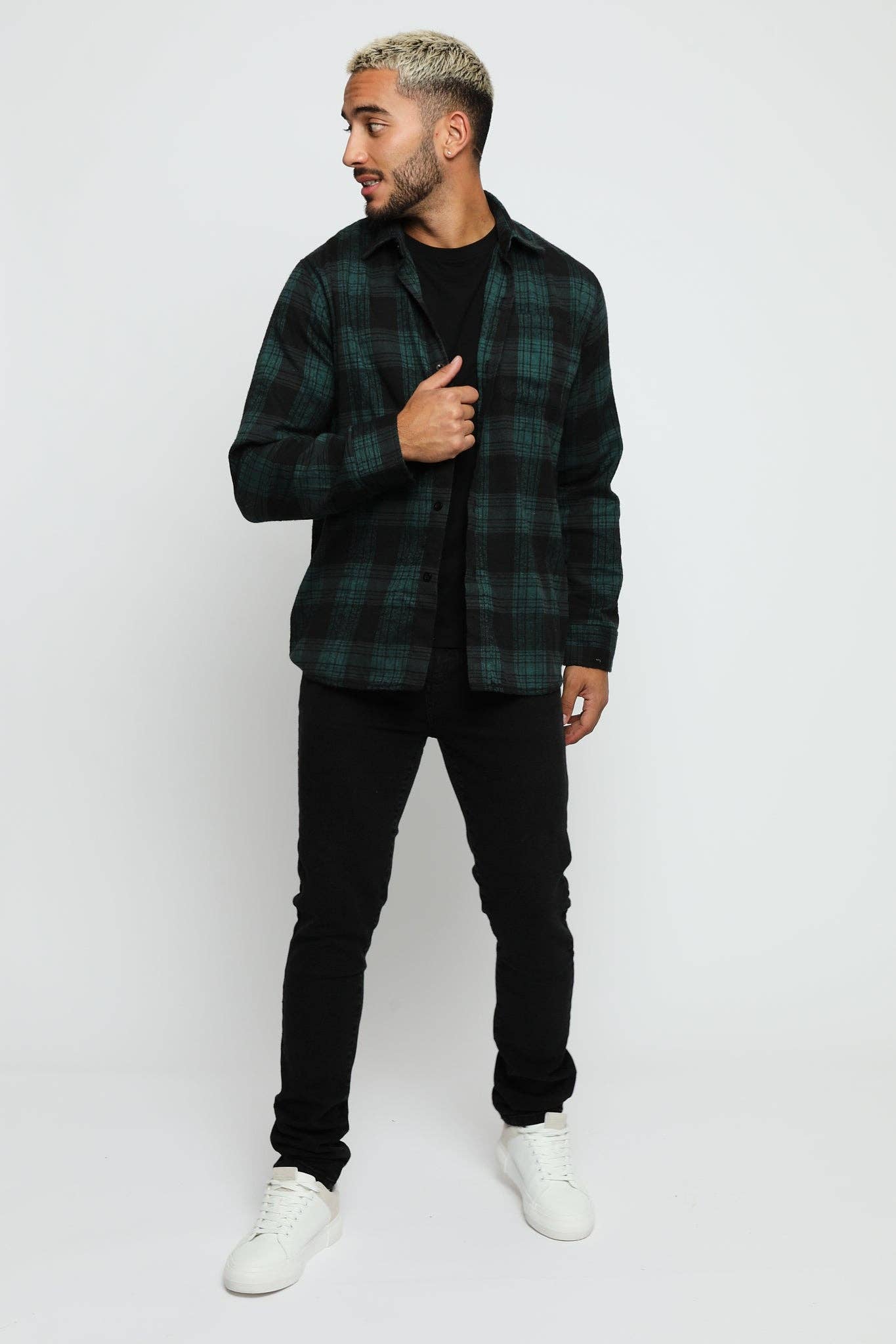 Plaid Flannel Check Shirt - Dark Green/Black