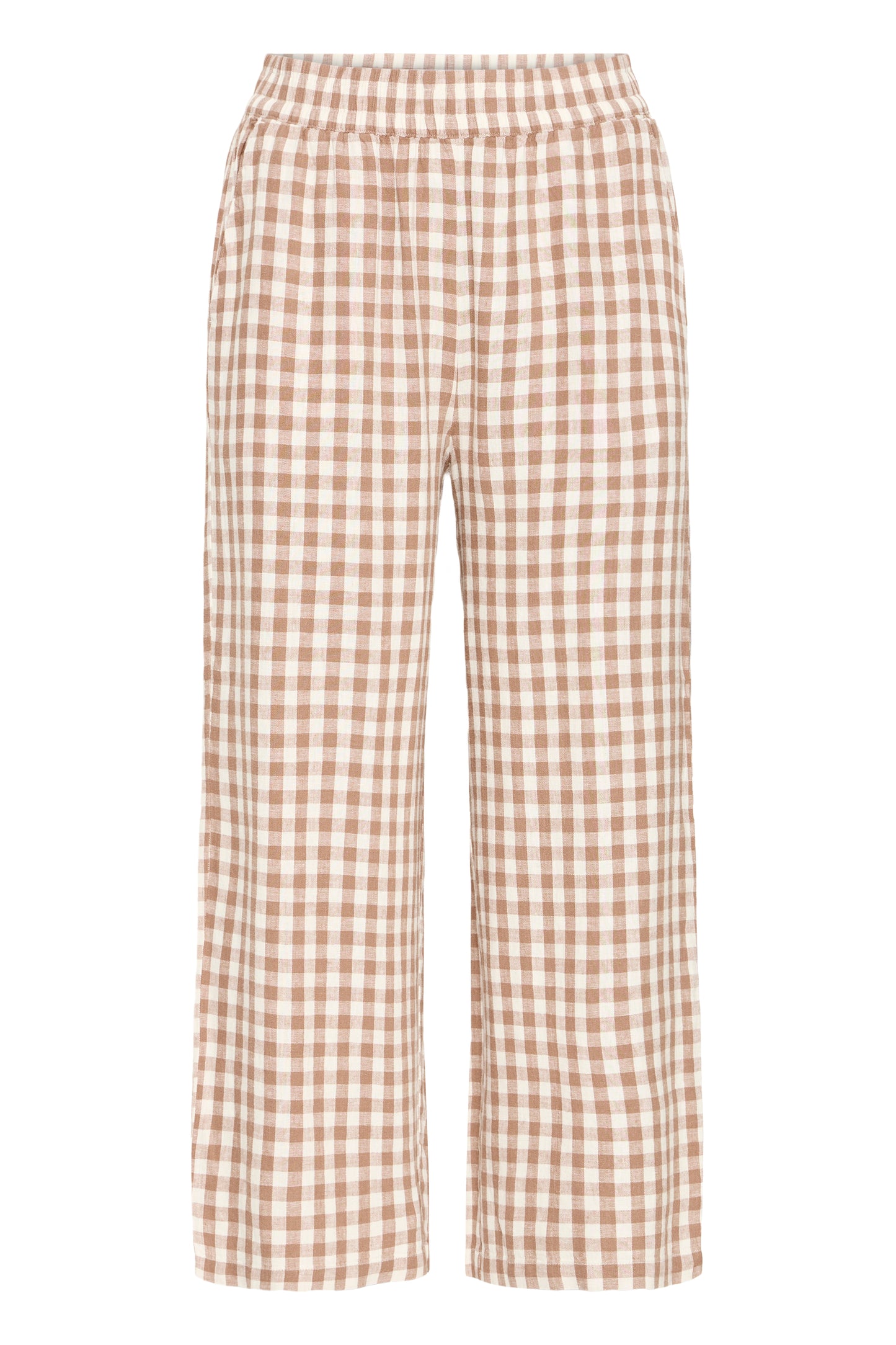 Lightweight linen-blend and warm brown and white check women's cropped trousers