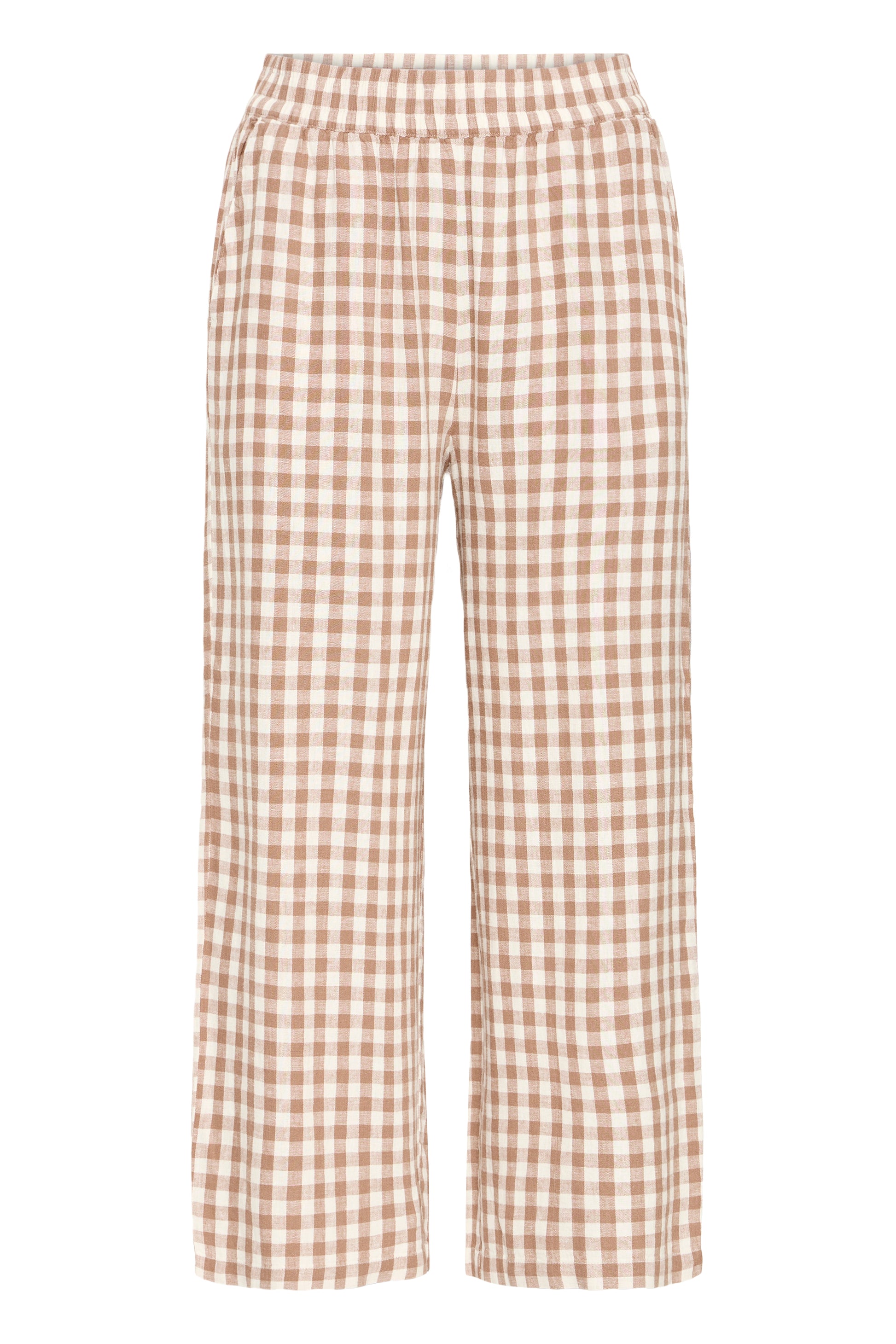 Lightweight linen-blend and warm brown and white check women's cropped trousers