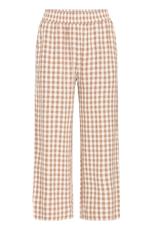 Lightweight linen-blend and warm brown and white check women's cropped trousers