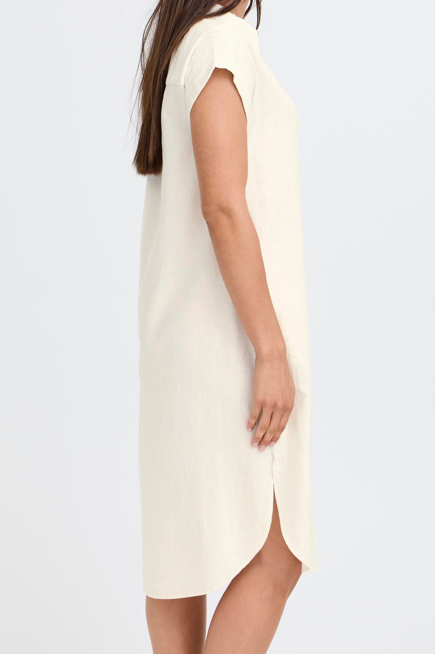 Lightweight linen-blend mid-length short sleeve dress for women in classic white