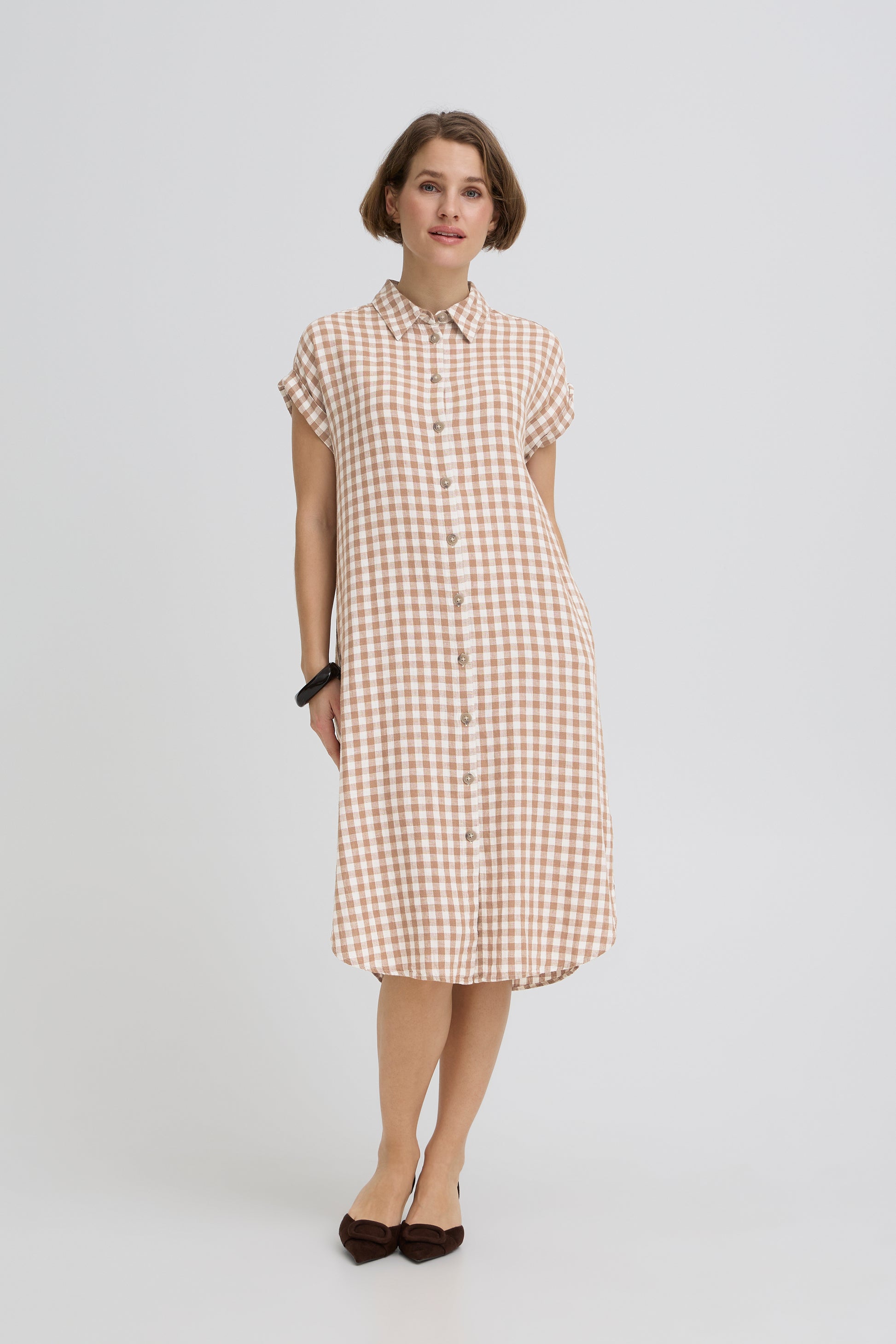 Lightweight mid-length linen-blend short sleeve shirt dress for women in brown and white check