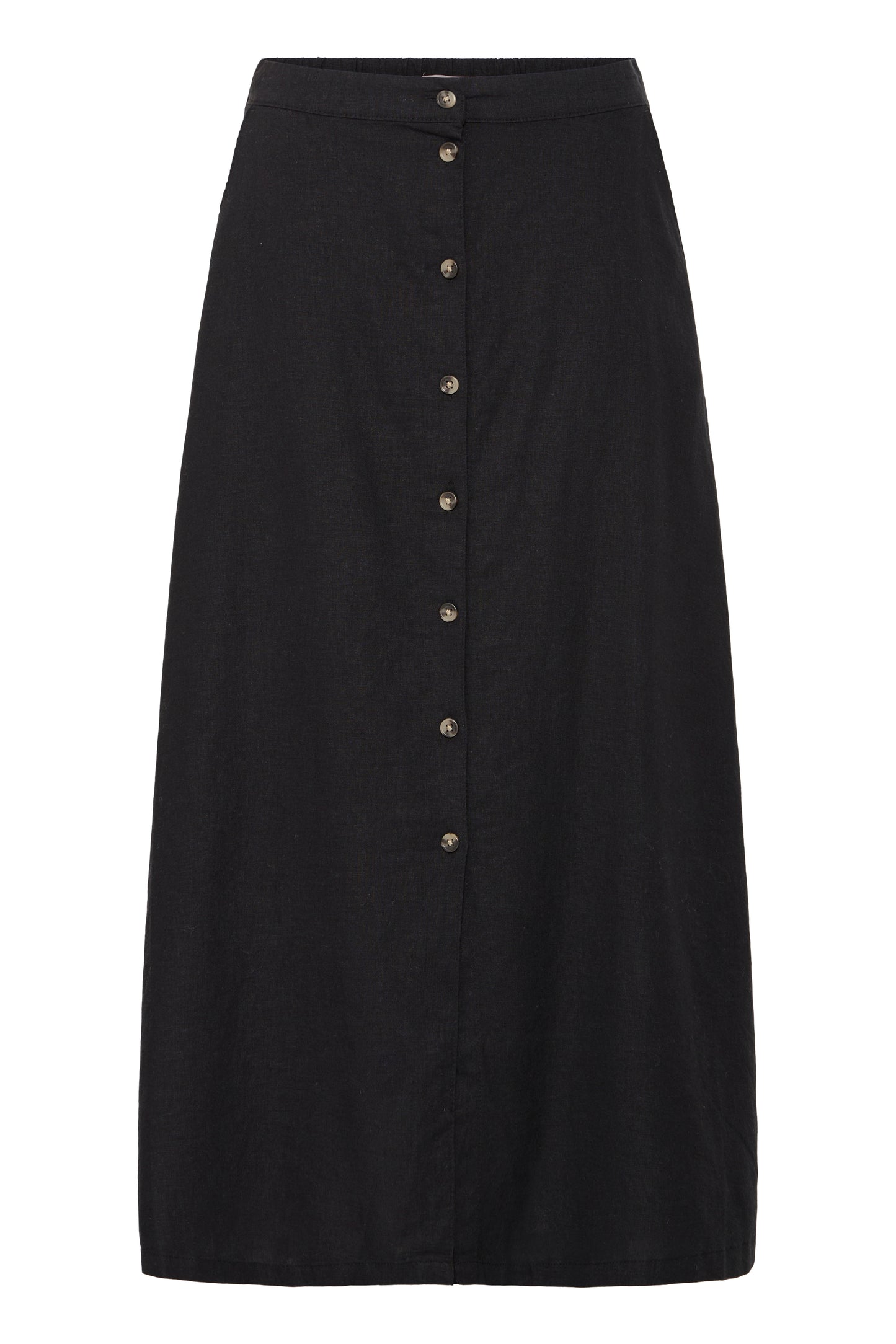 Women's black linen-blend button-front midi skirt with elasticated waist