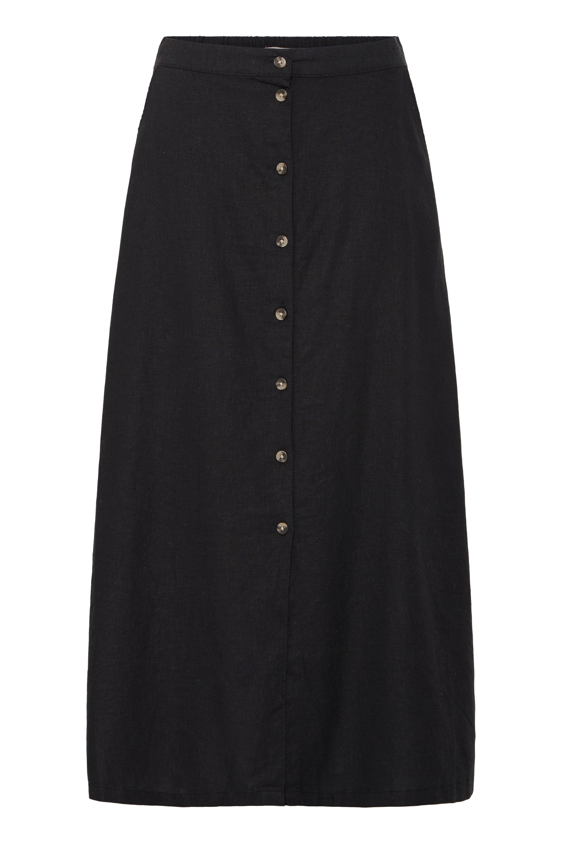 Women's black linen-blend button-front midi skirt with elasticated waist