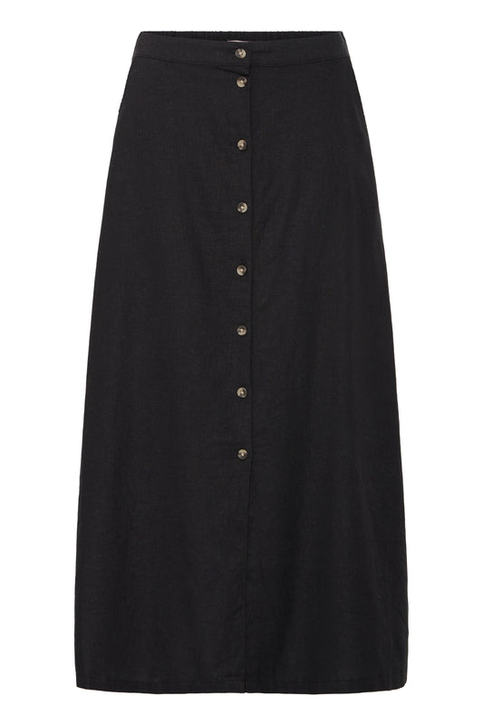 Women's black linen-blend button-front midi skirt with elasticated waist