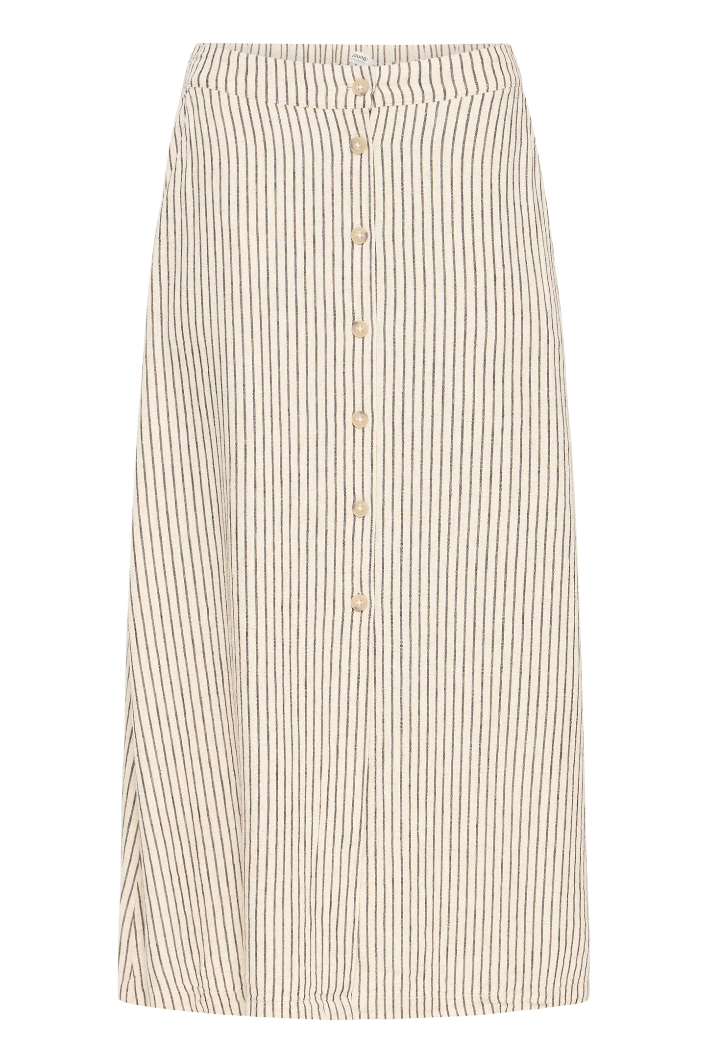 Women's natural stripes linen-blend button-front midi skirt with elasticated waist.