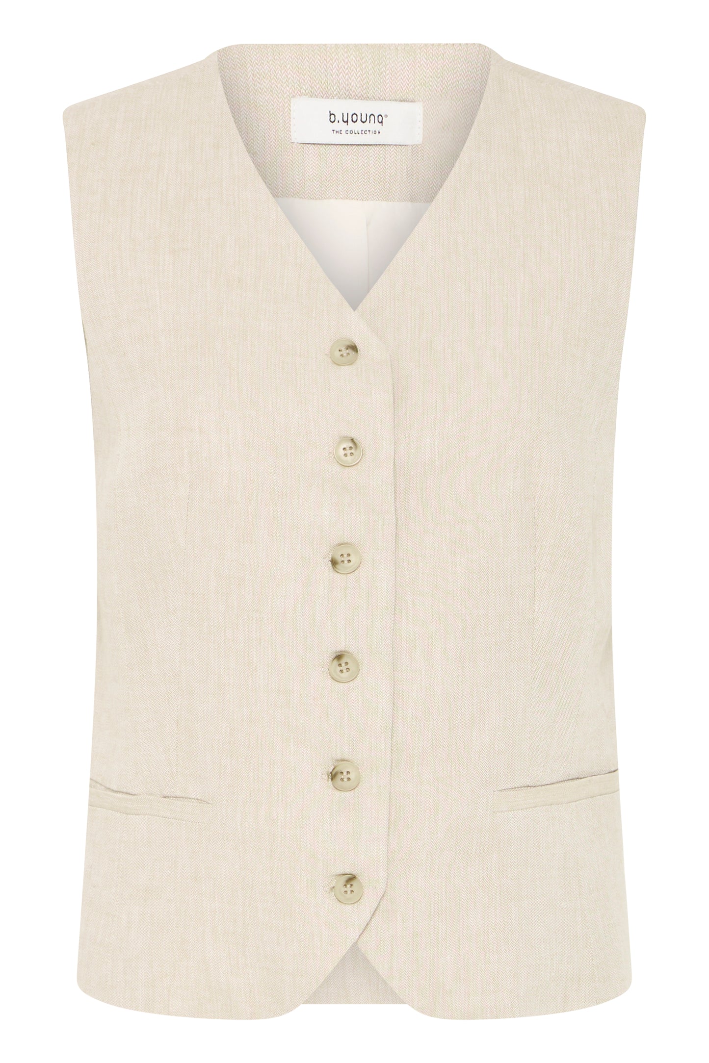linen-blend women's waistcoat in oat colour with v-neck and button front