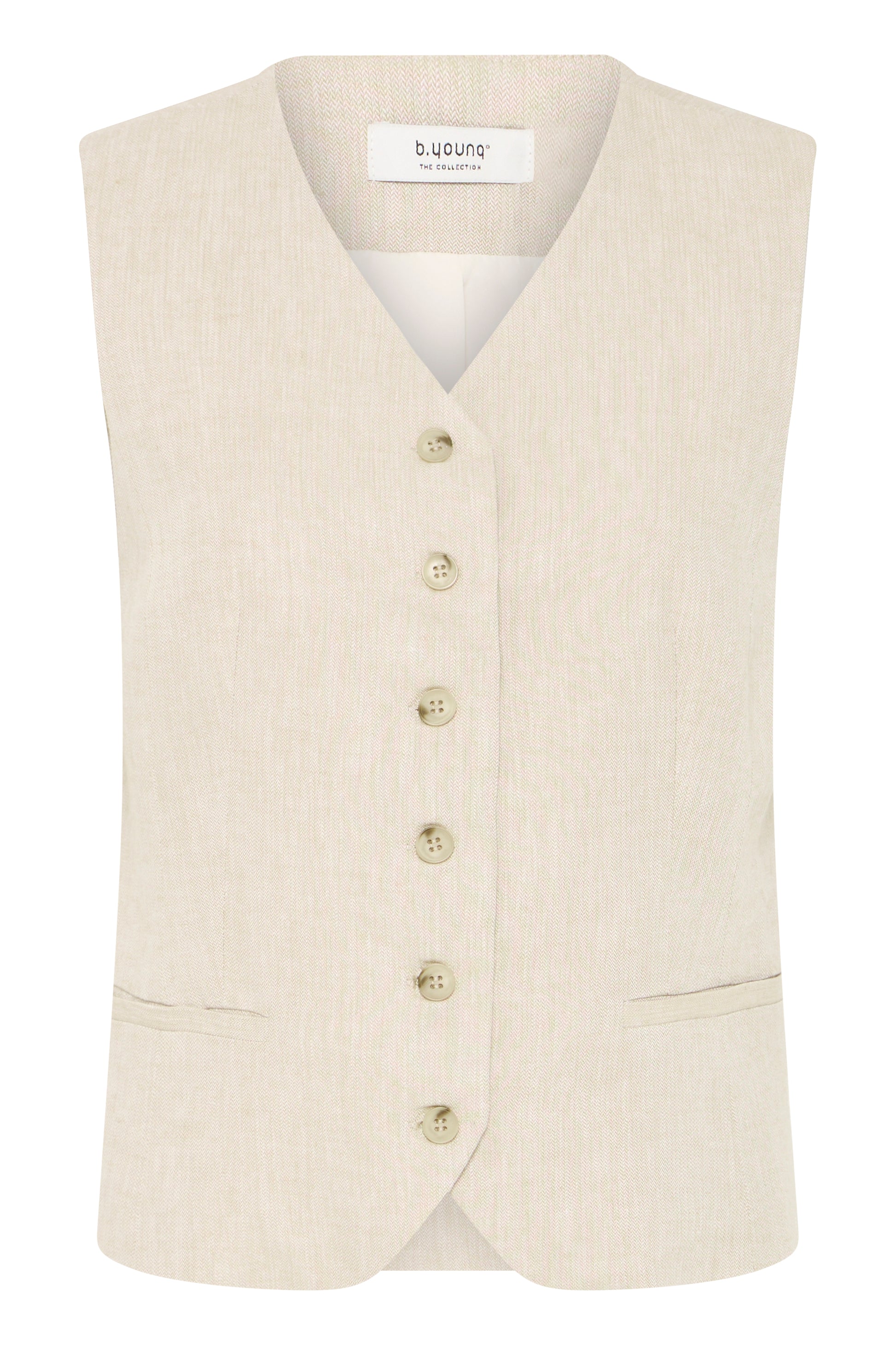 linen-blend women's waistcoat in oat colour with v-neck and button front