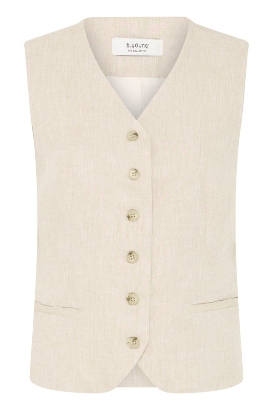linen-blend women's waistcoat in oat colour with v-neck and button front