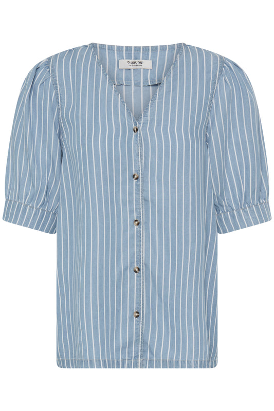 Short sleeve lyocell blue and white striped women's shirt