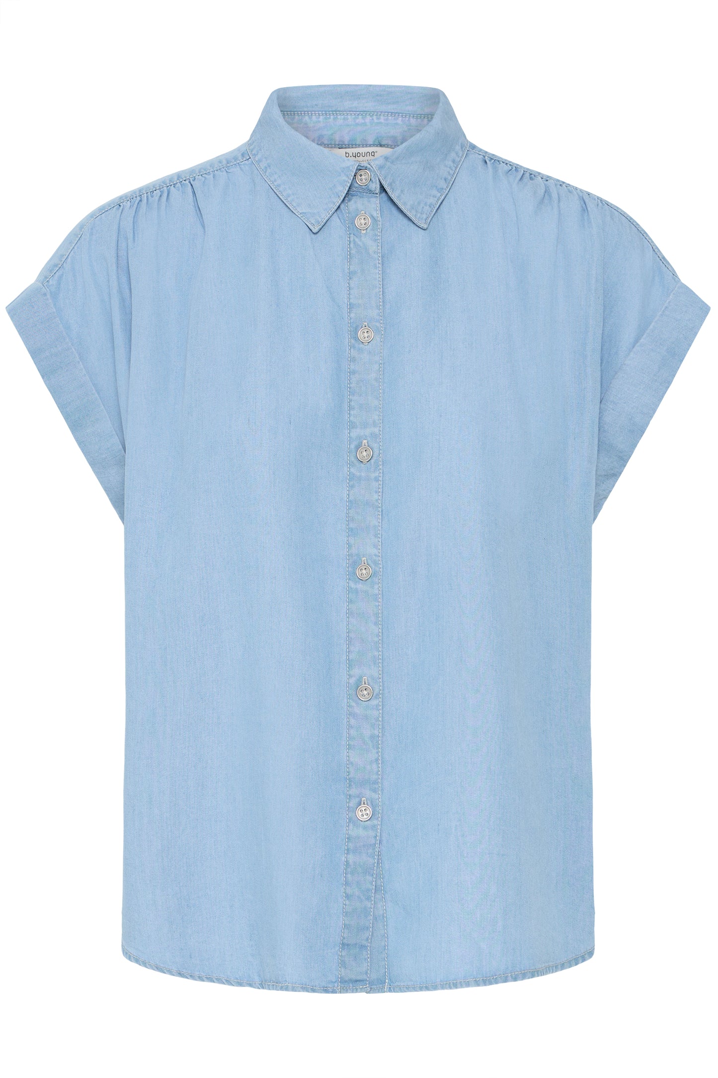 lightweight lyocell light-wash denim short sleevve shirt with classic collar, button front and cap sleeves